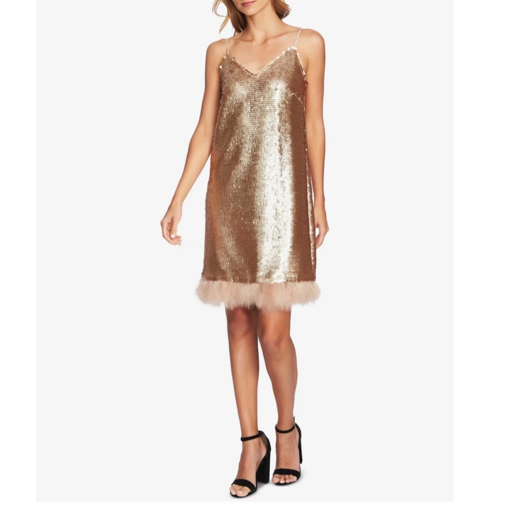 CECE Gold Sequined Feather Trim Spaghetti Strap VNeck Above The Knee Shift Dress